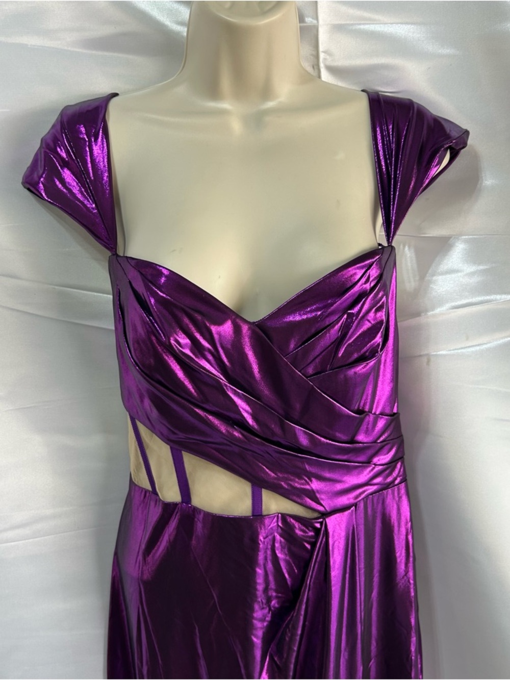Marchesa Notte Purple Lame Formal Dress with Sheer Midriff Panels | Size 10 NWT